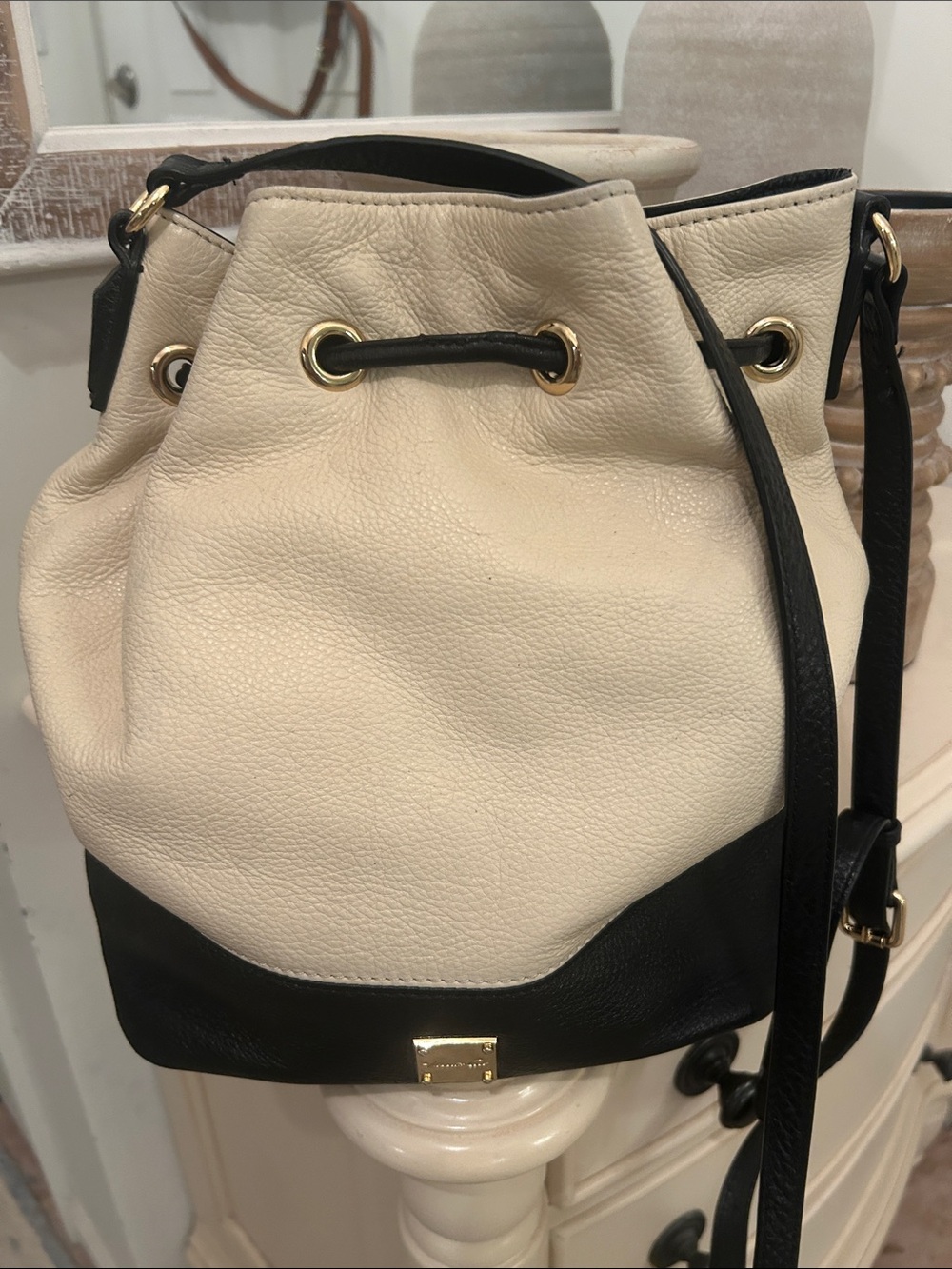 Kenneth Cole Cream and Black Leather Drawstring Bucket Bag